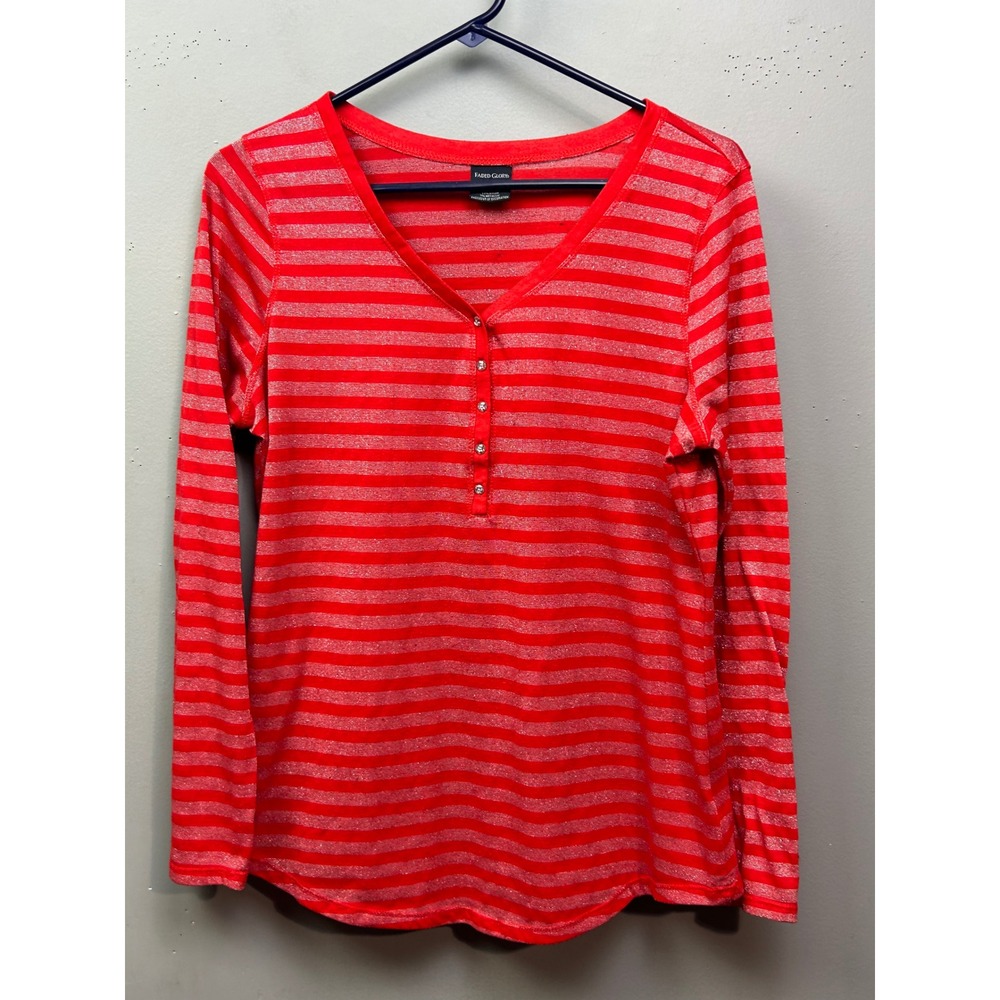 Red Silver Metallic Striped Henley V-Neck Long Sleeve‎ Top Womens Large Y2K  L